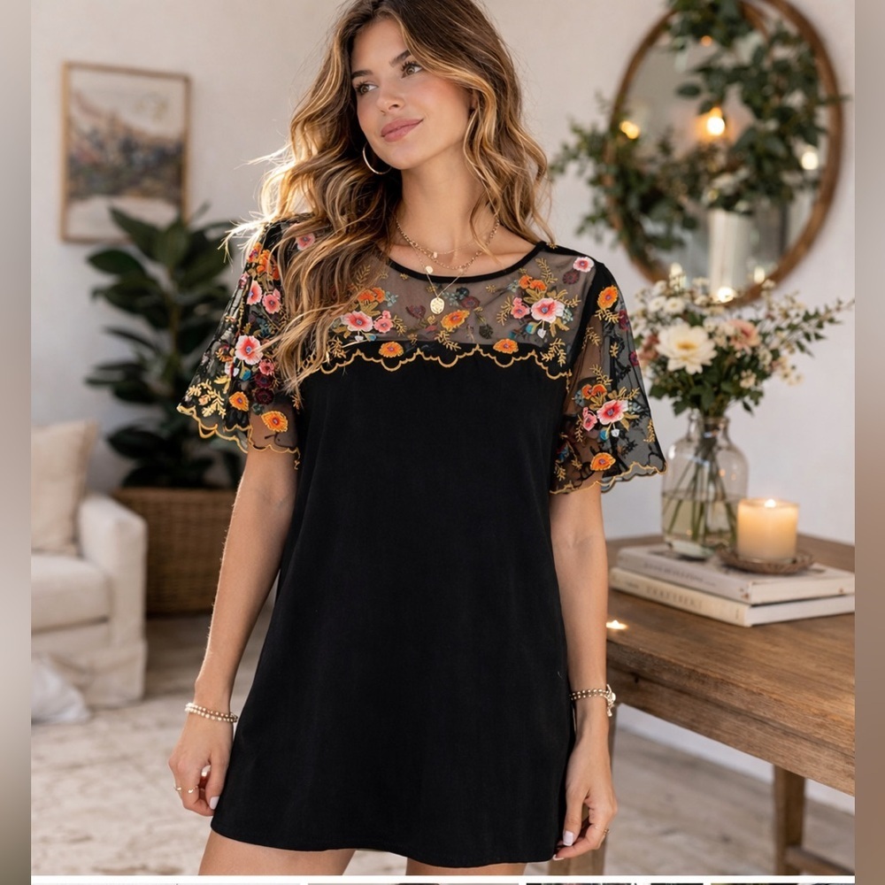 Umgee Embroidered Mesh Floral Boho Top Sheer Sleeve Cottagecore Folk Large